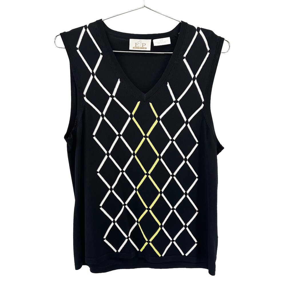 EP PRO Golf Argyle V-neck Sweater Vest Tank • Large • black white yellow preppy